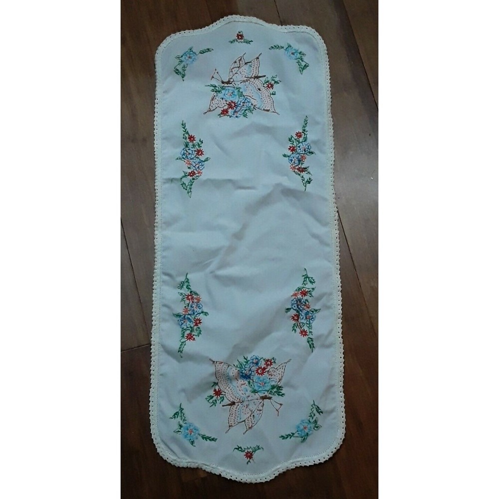 embroidered floral and butterflies table runner 35in x 13in